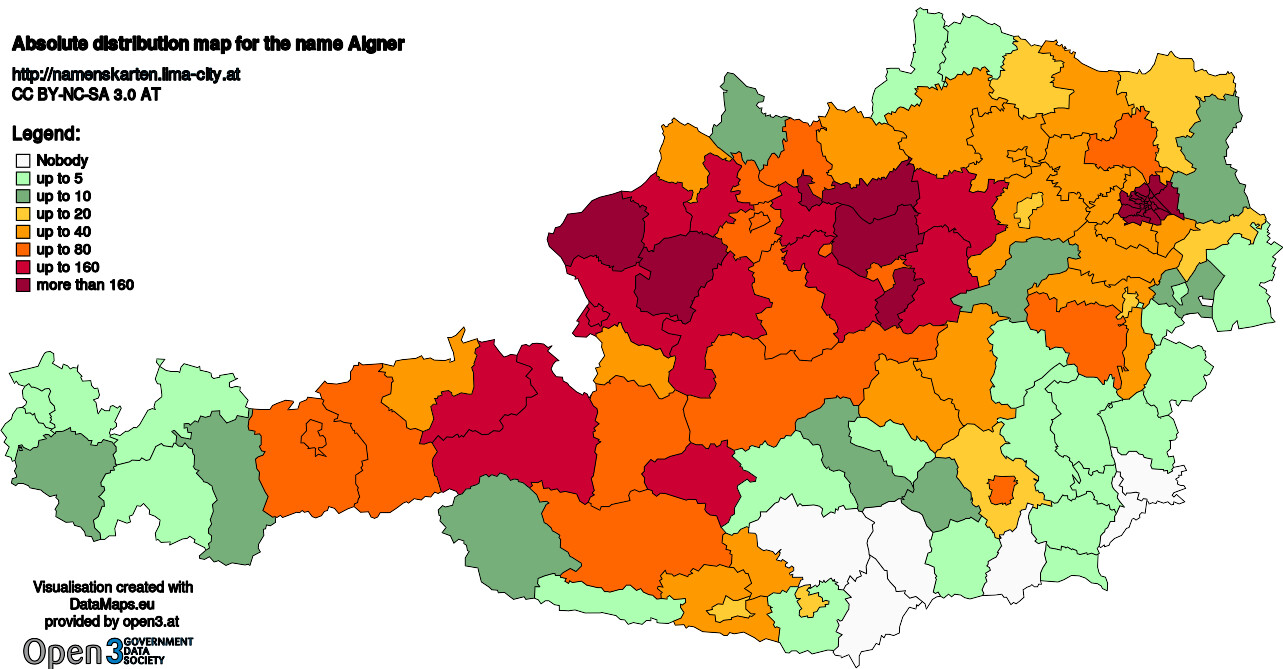 Absolute Distribution maps for surname Aigner