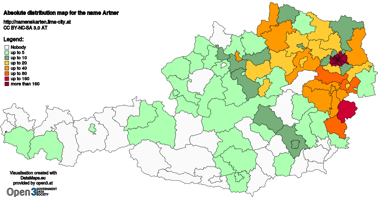 Absolute Distribution maps for surname Artner