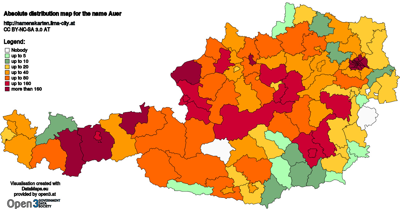 Absolute Distribution maps for surname Auer