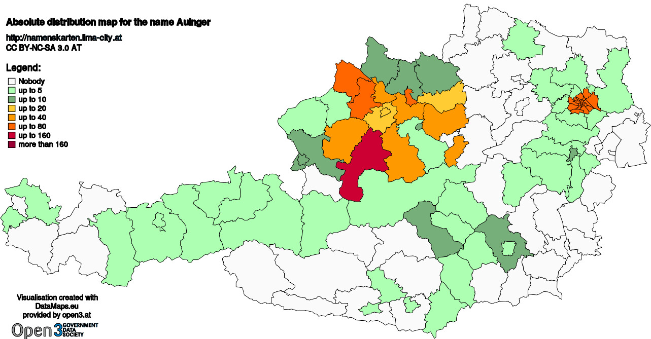 Absolute Distribution maps for surname Auinger