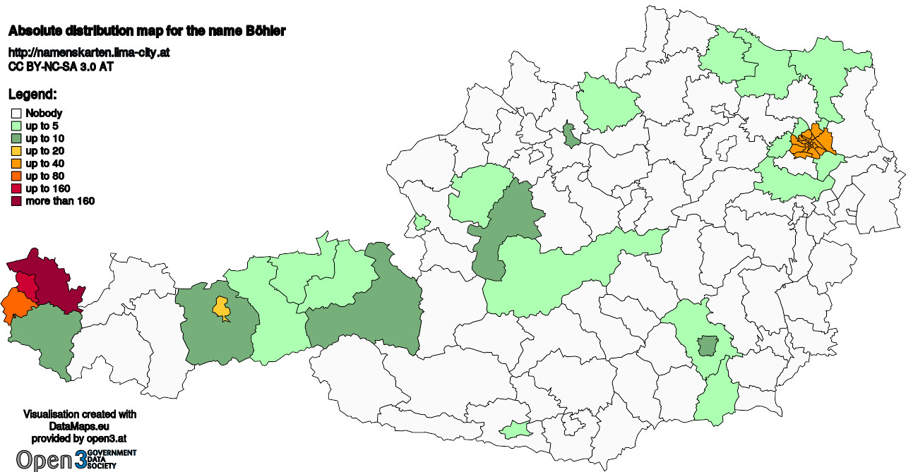 Absolute Distribution maps for surname Böhler