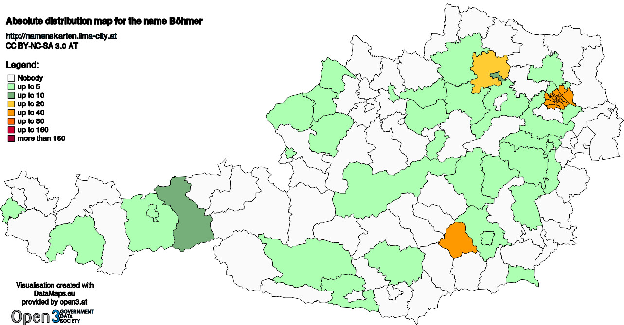 Absolute Distribution maps for surname Böhmer