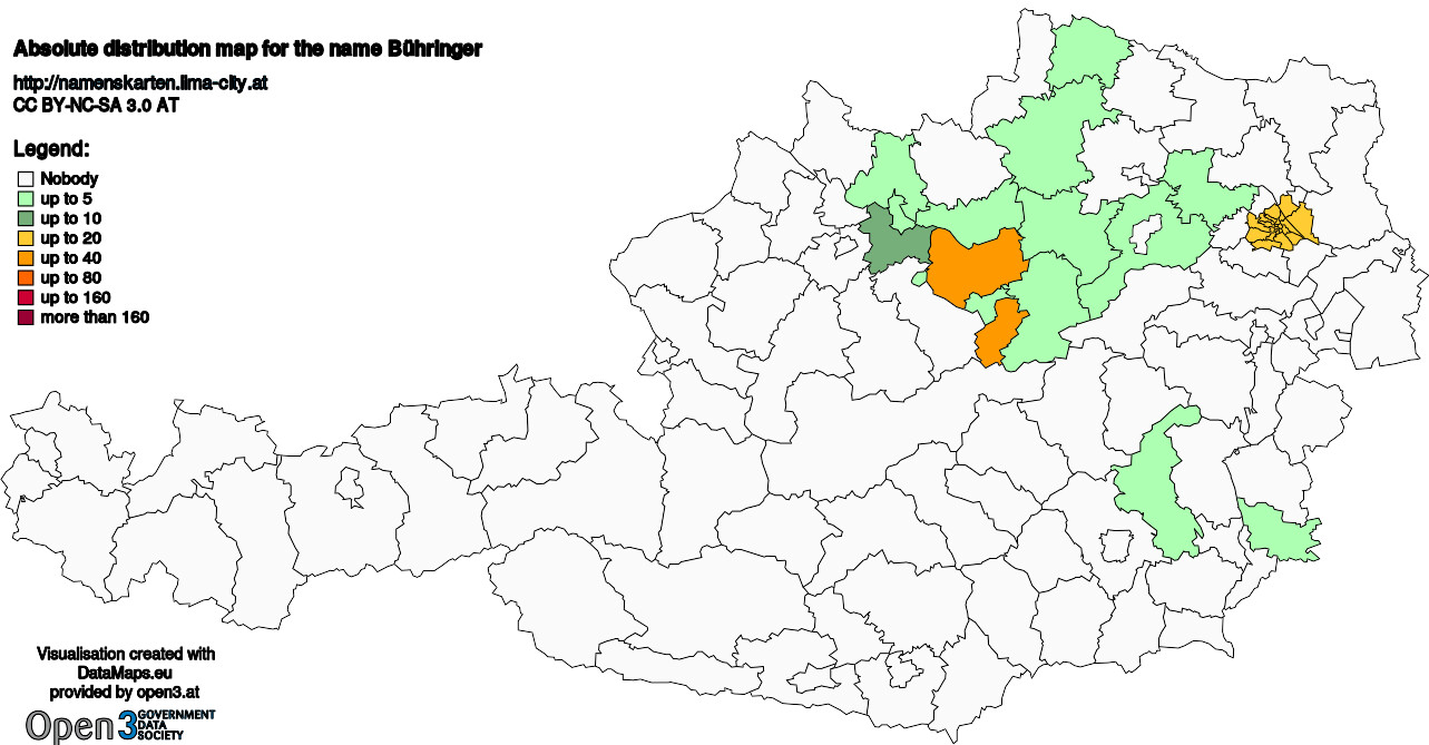 Absolute Distribution maps for surname Bühringer