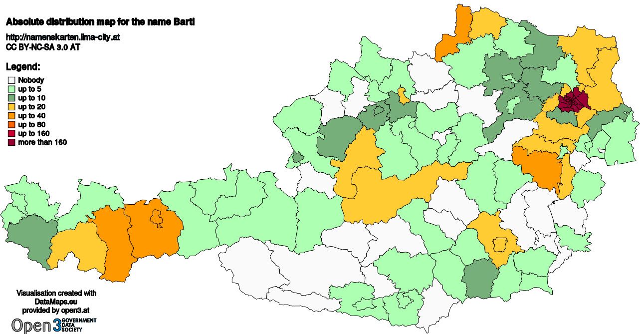 Absolute Distribution maps for surname Bartl