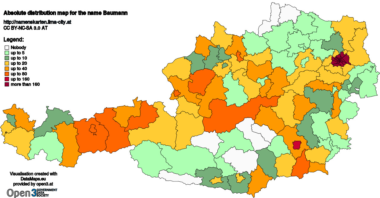 Absolute Distribution maps for surname Baumann