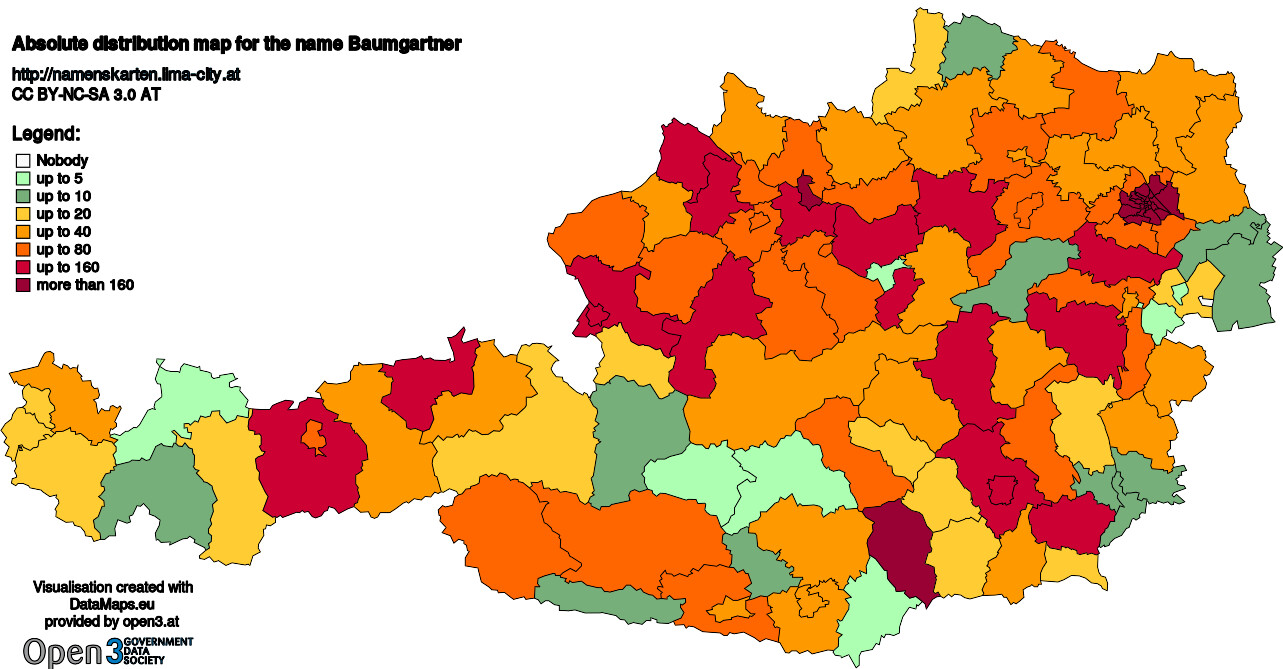 Absolute Distribution maps for surname Baumgartner