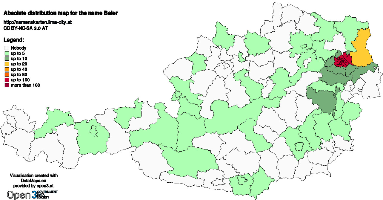 Absolute Distribution maps for surname Beier