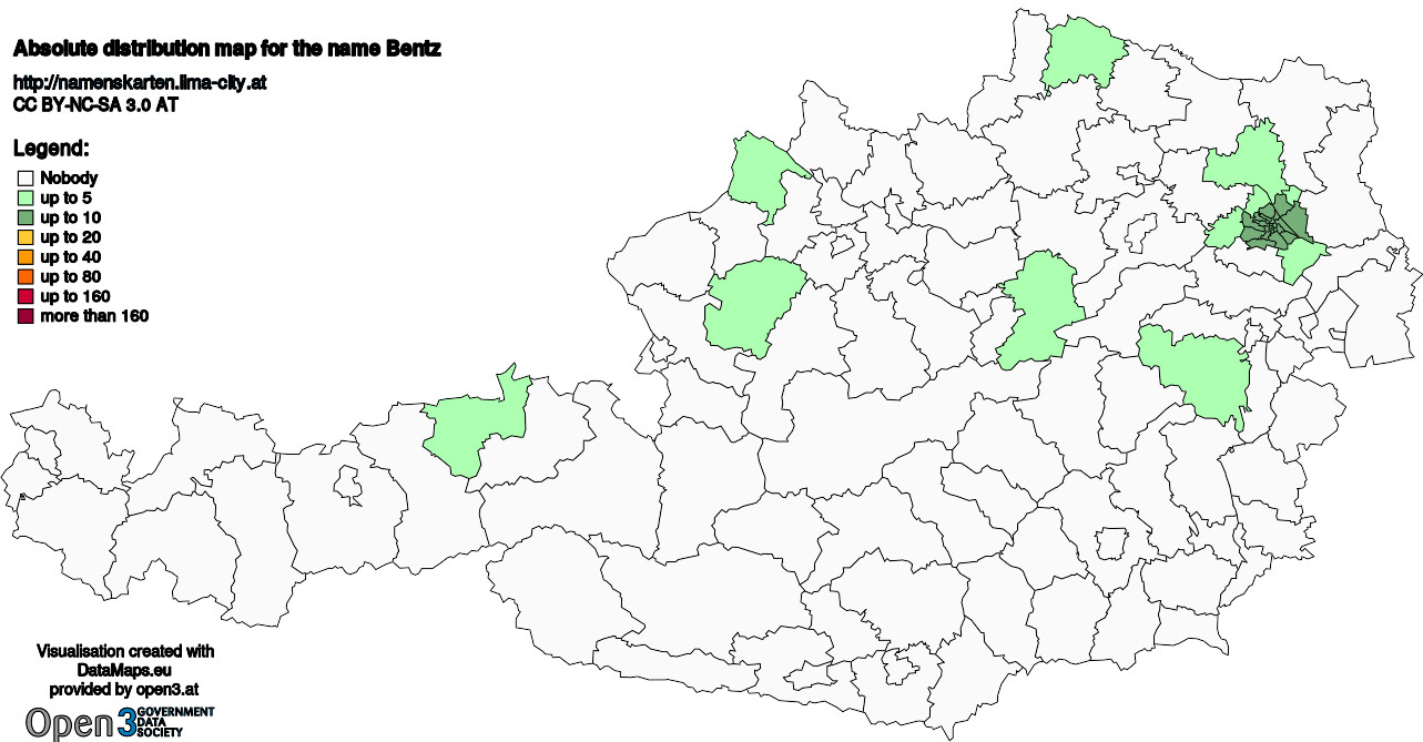 Absolute Distribution maps for surname Bentz