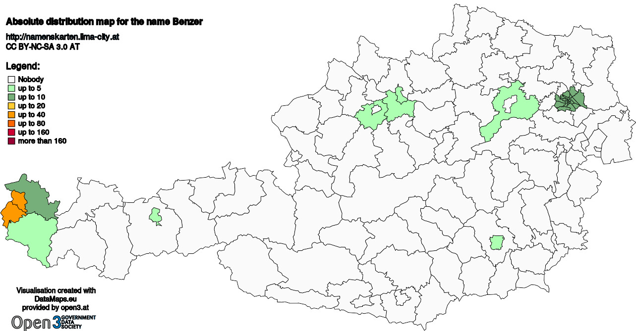 Absolute Distribution maps for surname Benzer