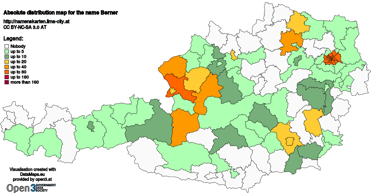 Absolute Distribution maps for surname Berner