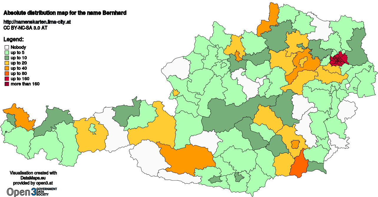 Absolute Distribution maps for surname Bernhard