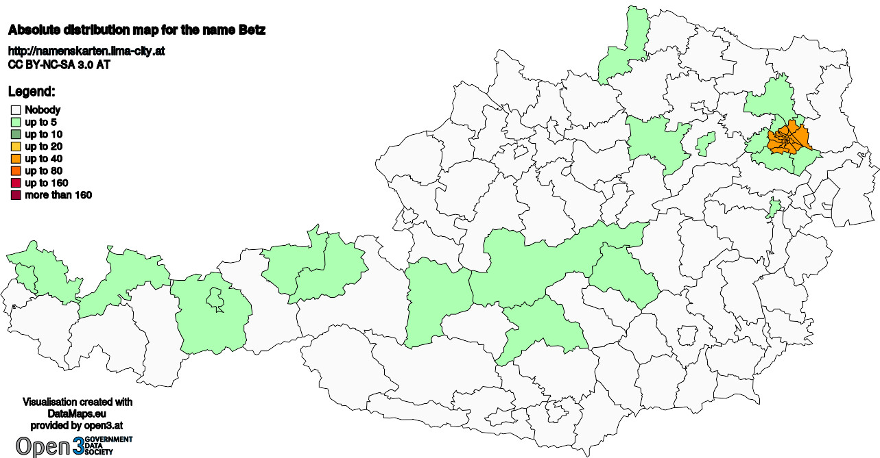 Absolute Distribution maps for surname Betz