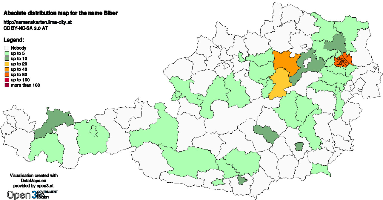 Absolute Distribution maps for surname Biber