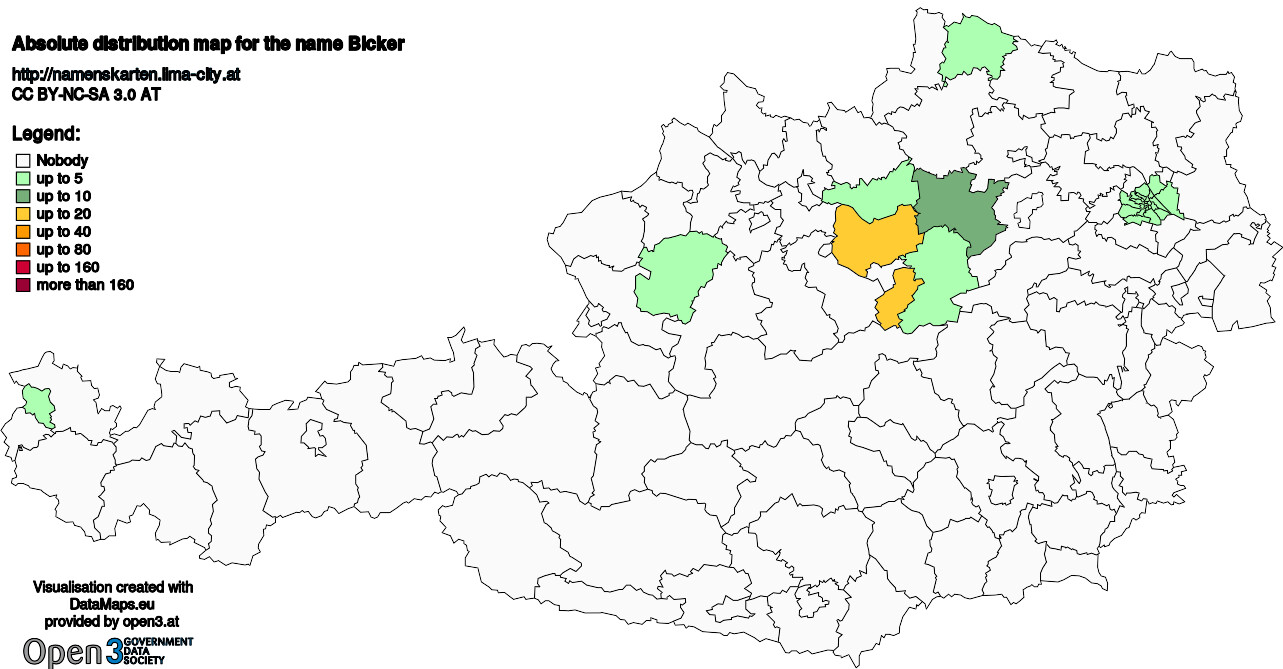 Absolute Distribution maps for surname Bicker