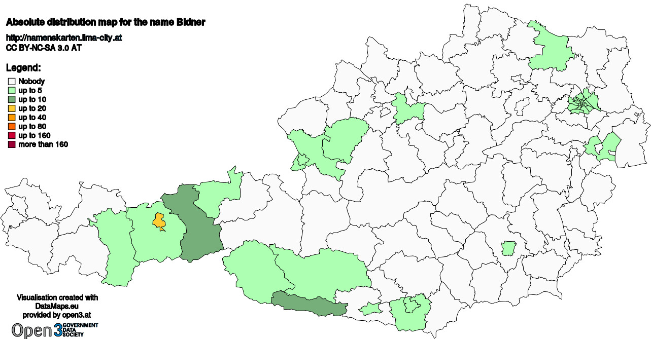 Absolute Distribution maps for surname Bidner