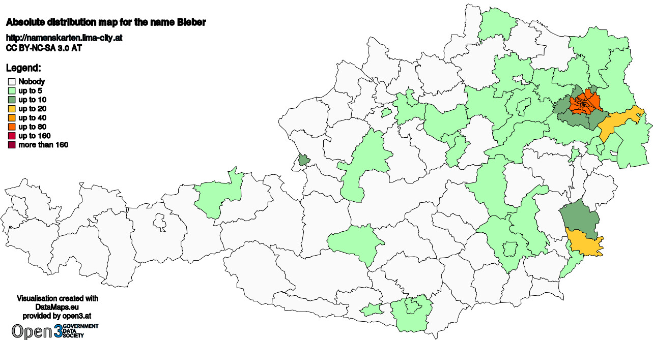 Absolute Distribution maps for surname Bieber