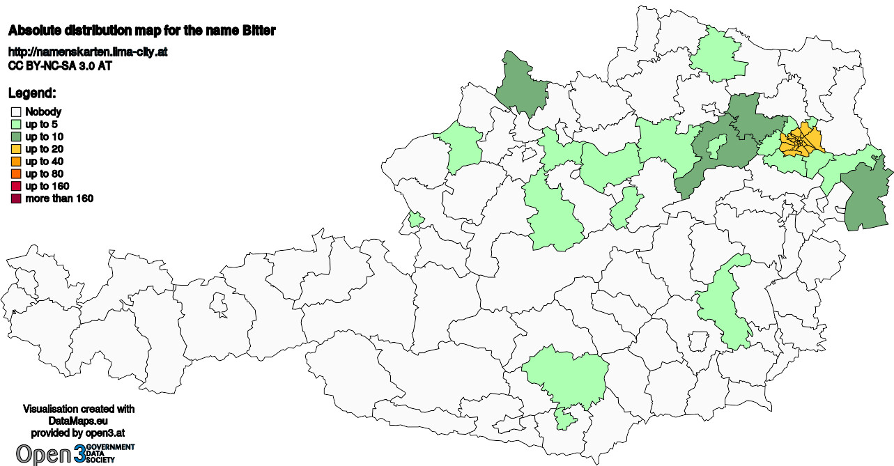 Absolute Distribution maps for surname Bitter