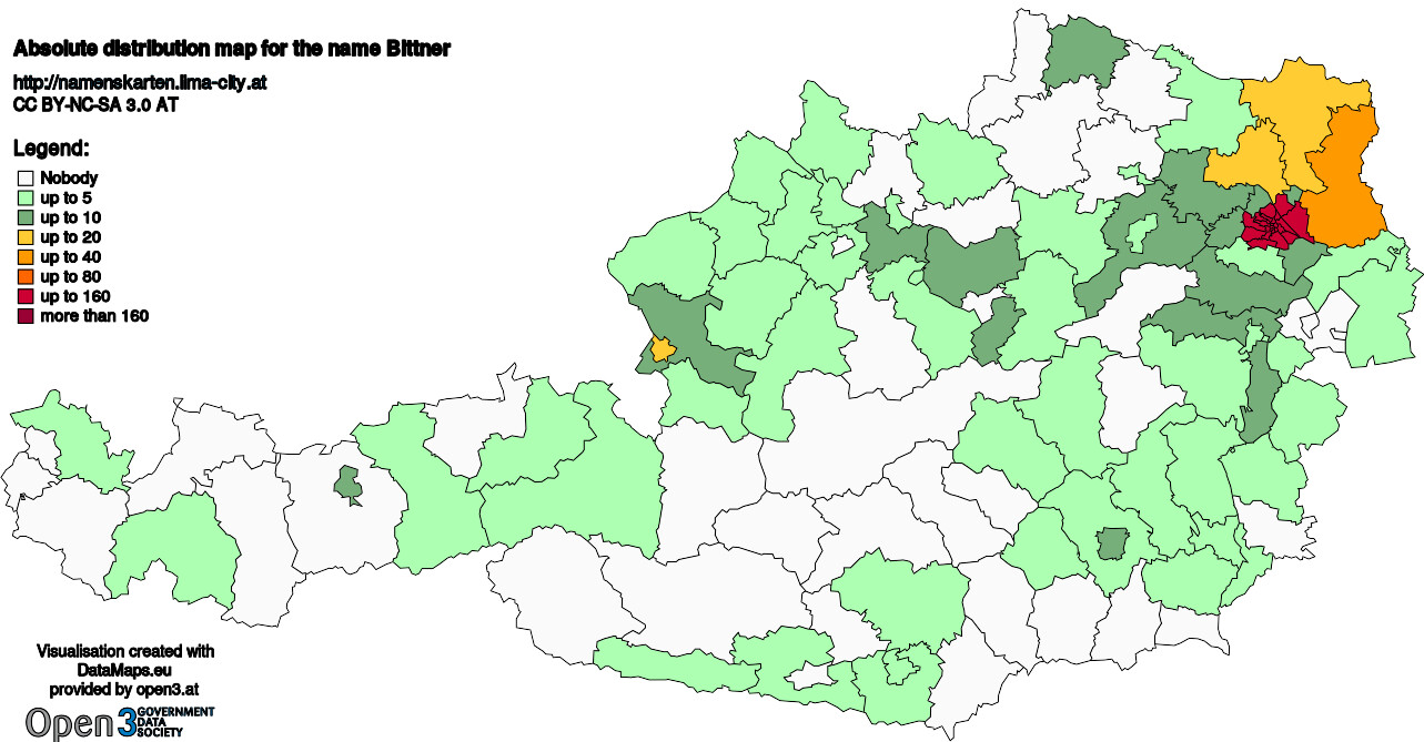 Absolute Distribution maps for surname Bittner