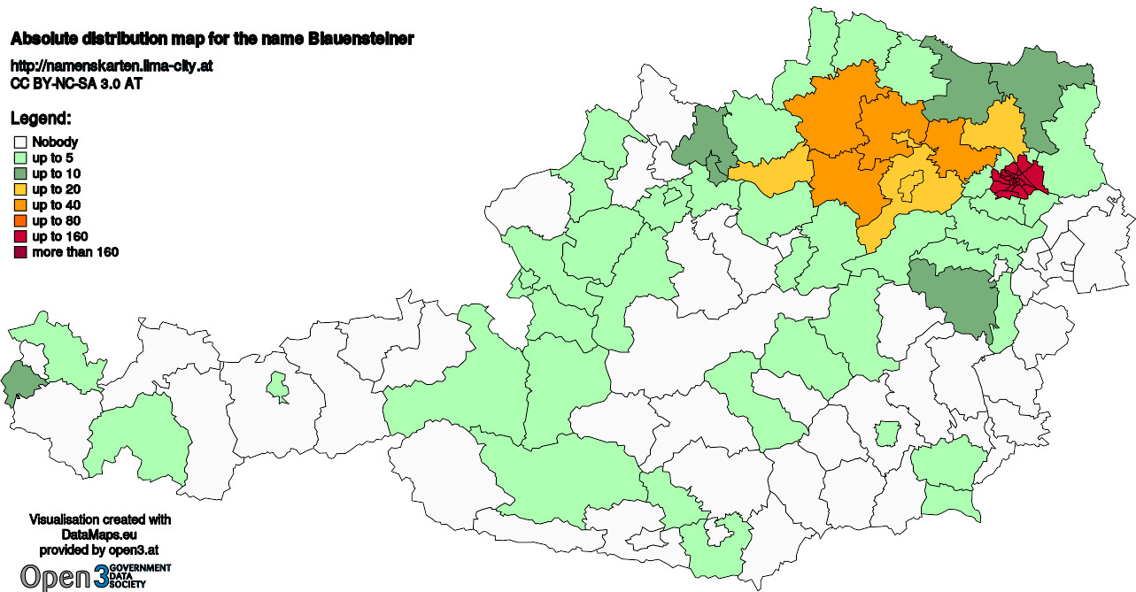 Absolute Distribution maps for surname Blauensteiner