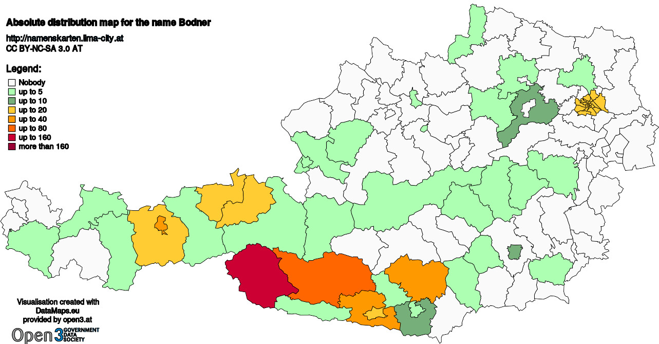 Absolute Distribution maps for surname Bodner