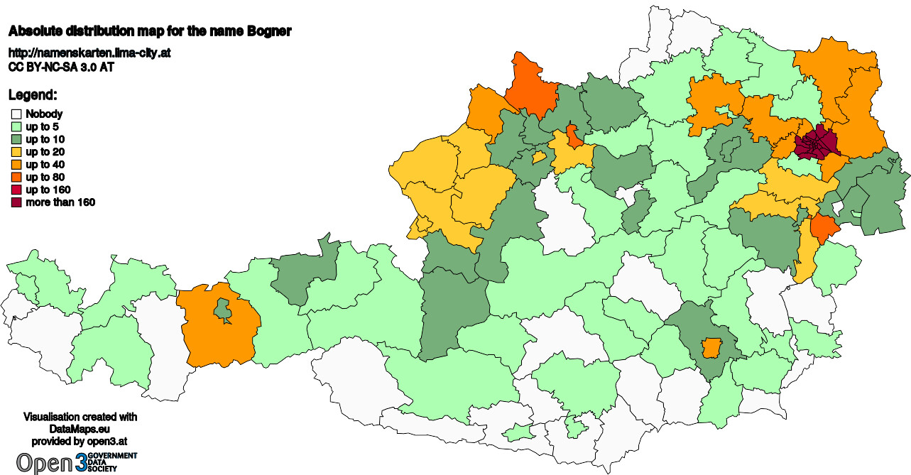 Absolute Distribution maps for surname Bogner