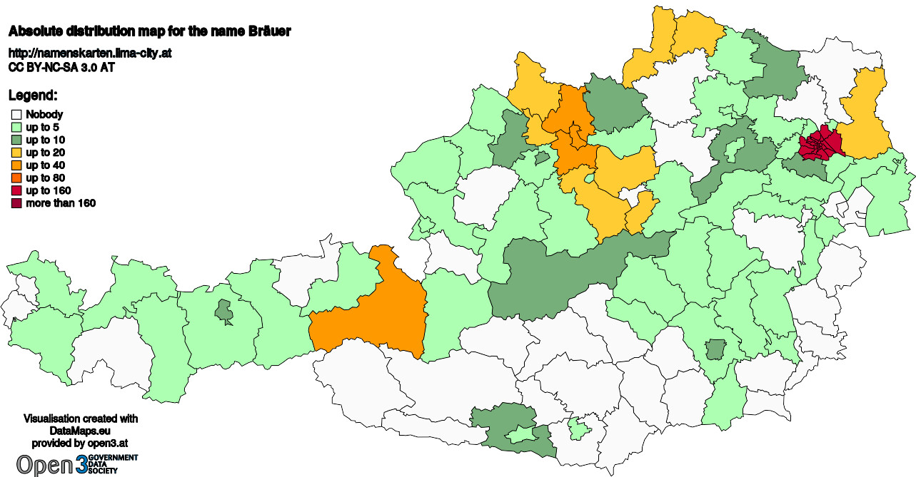 Absolute Distribution maps for surname Bräuer