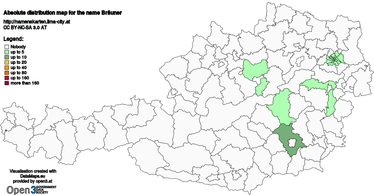 Absolute Distribution maps for surname Bräuner