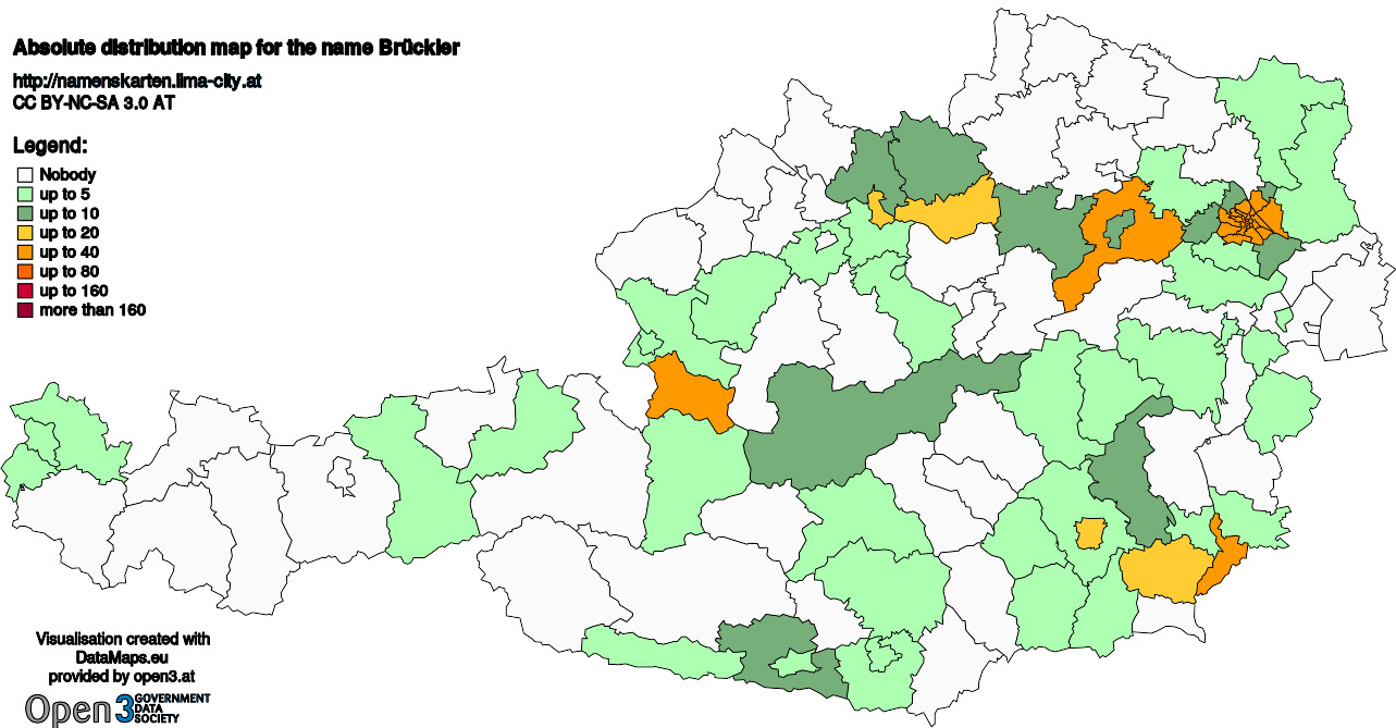 Absolute Distribution maps for surname Brückler