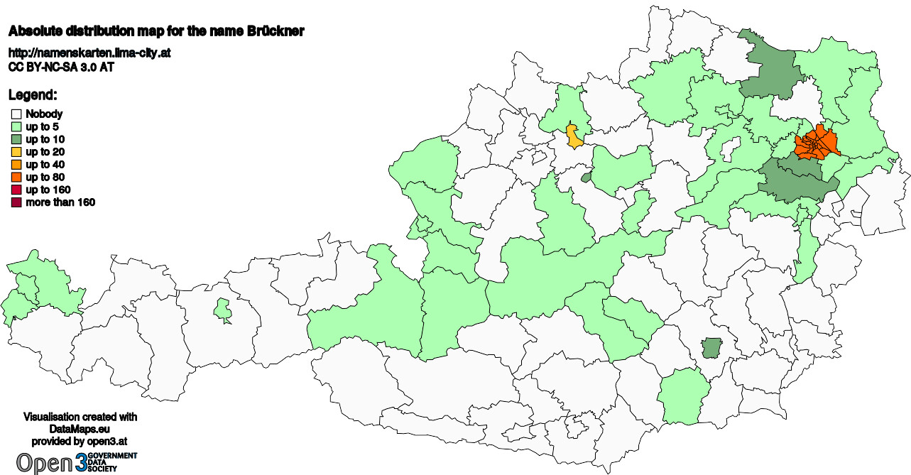 Absolute Distribution maps for surname Brückner