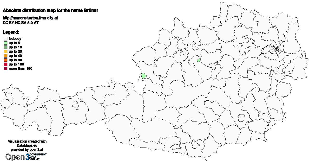 Absolute Distribution maps for surname Brüner