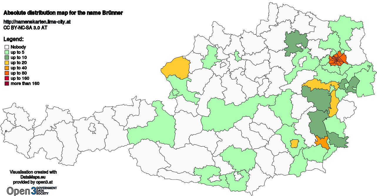 Absolute Distribution maps for surname Brünner