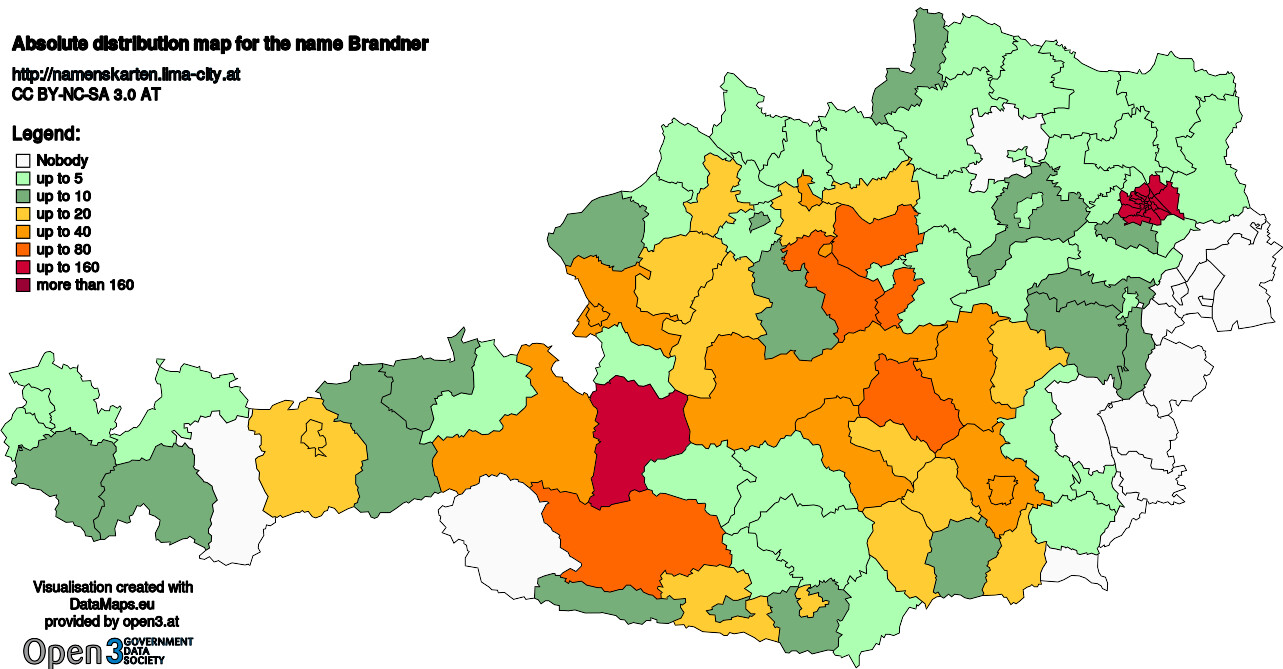Absolute Distribution maps for surname Brandner