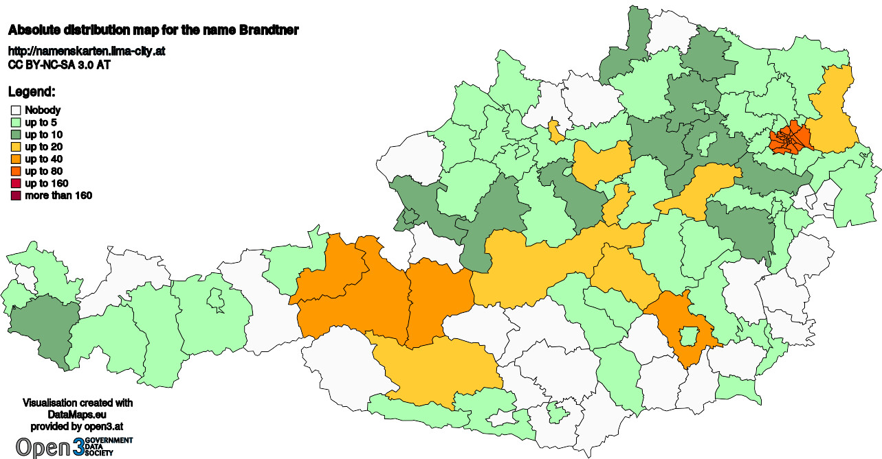 Absolute Distribution maps for surname Brandtner