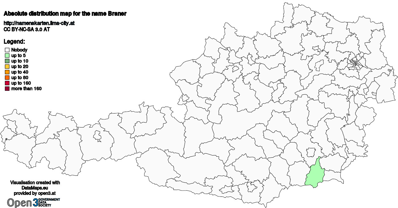 Absolute Distribution maps for surname Braner