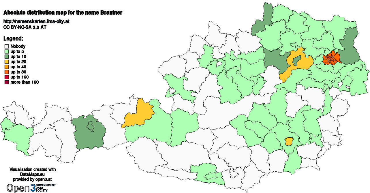 Absolute Distribution maps for surname Brantner