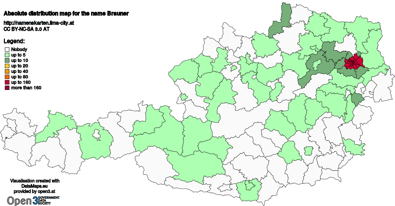 Absolute Distribution maps for surname Brauner