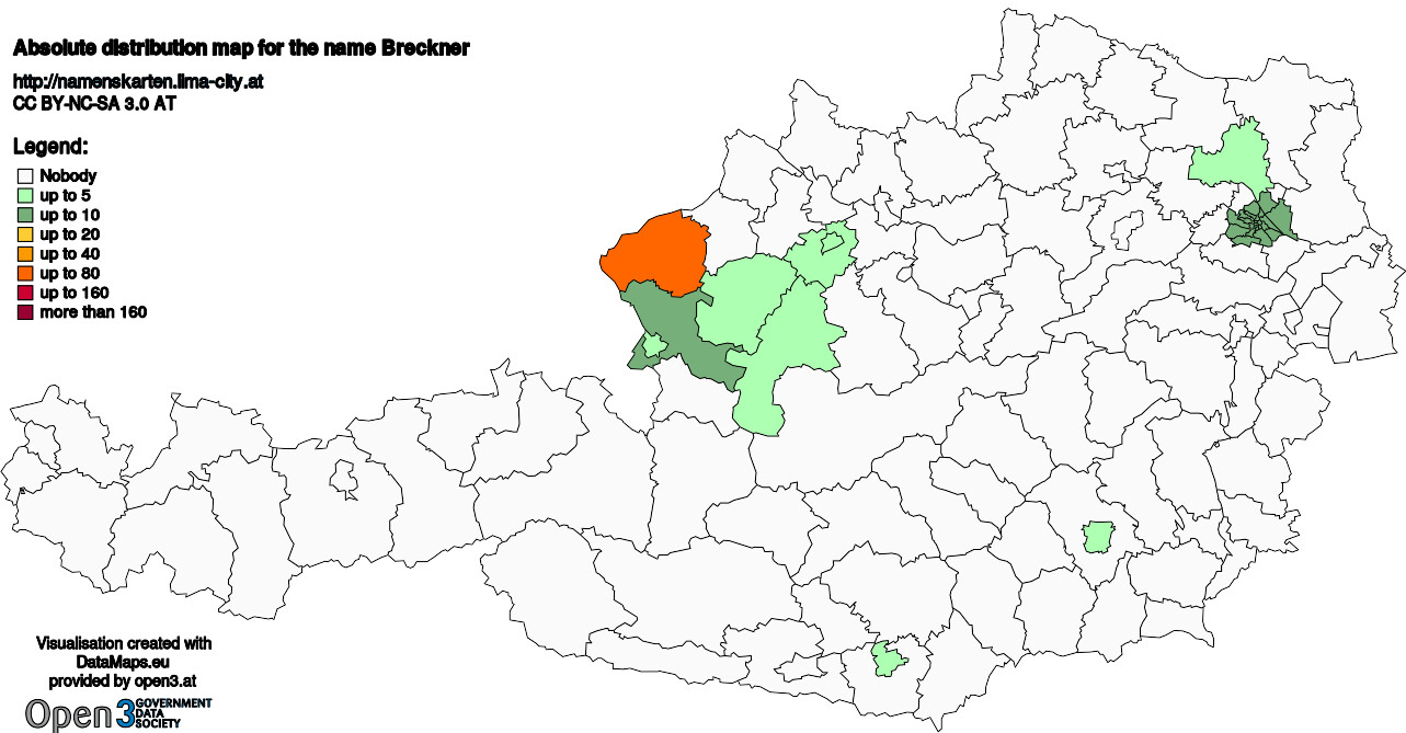 Absolute Distribution maps for surname Breckner
