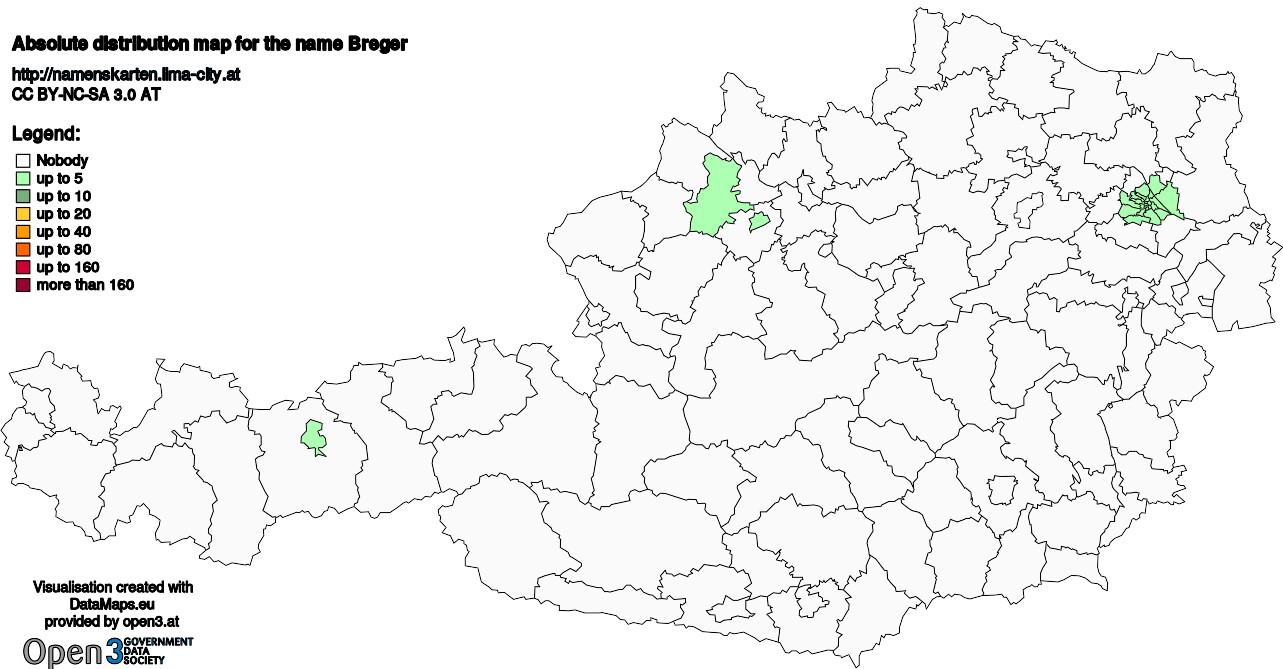 Absolute Distribution maps for surname Breger