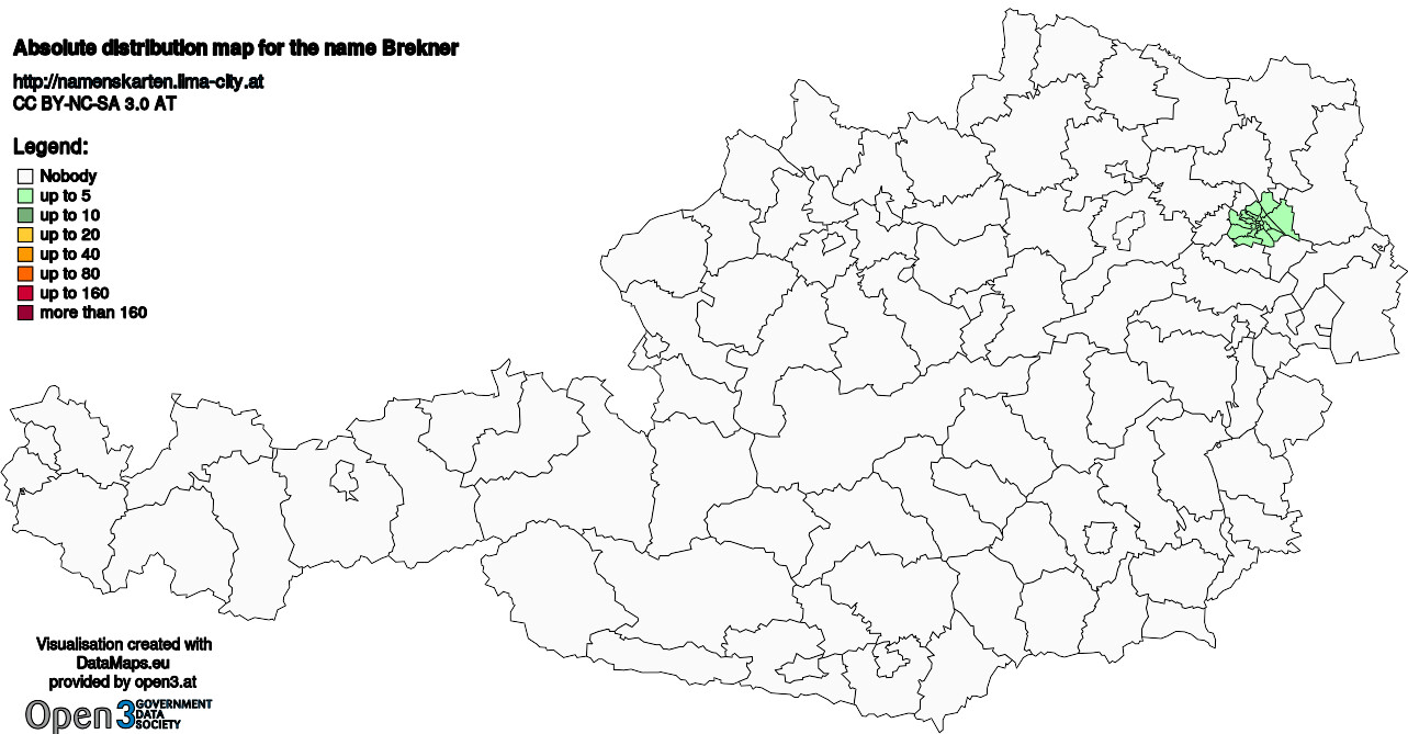 Absolute Distribution maps for surname Brekner