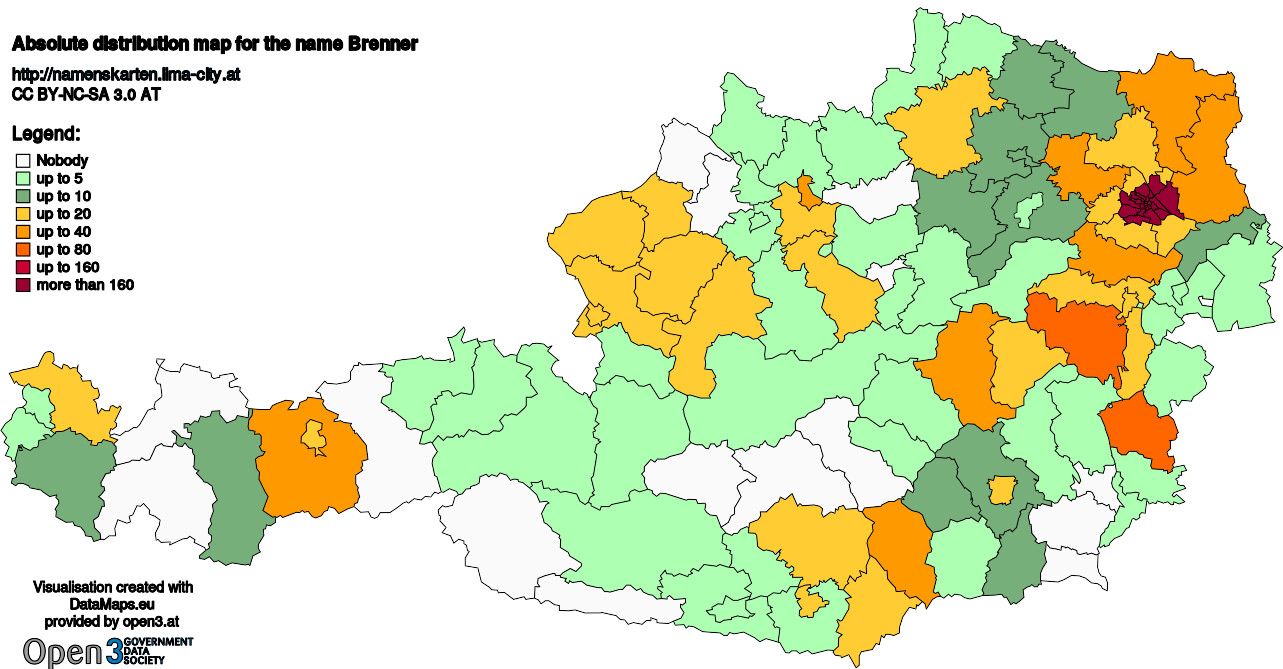 Absolute Distribution maps for surname Brenner