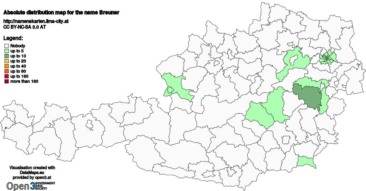 Absolute Distribution maps for surname Breuner