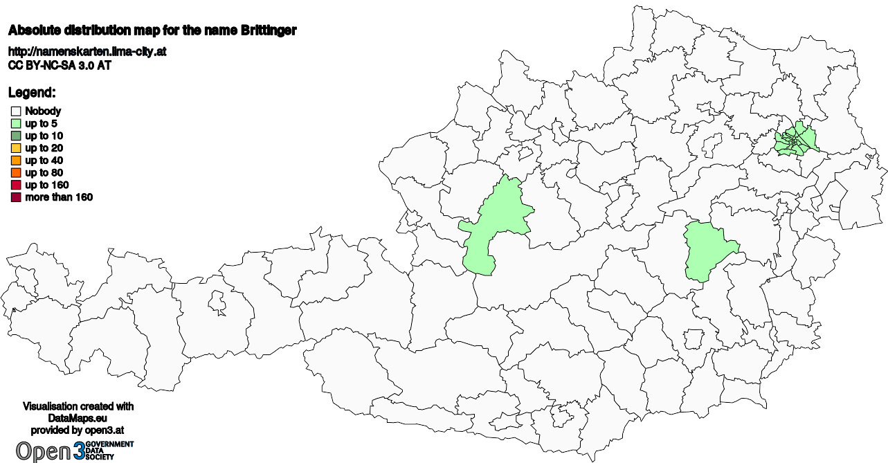 Absolute Distribution maps for surname Brittinger