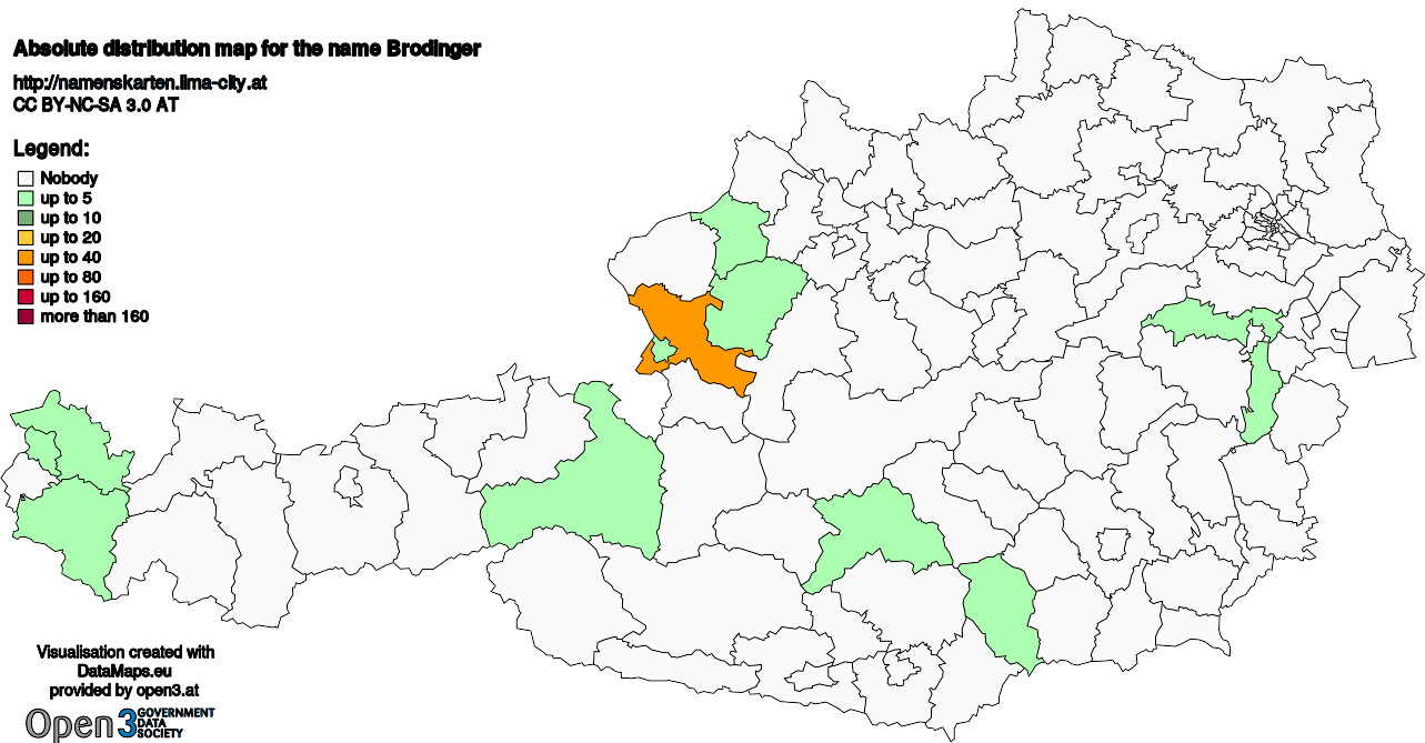 Absolute Distribution maps for surname Brodinger