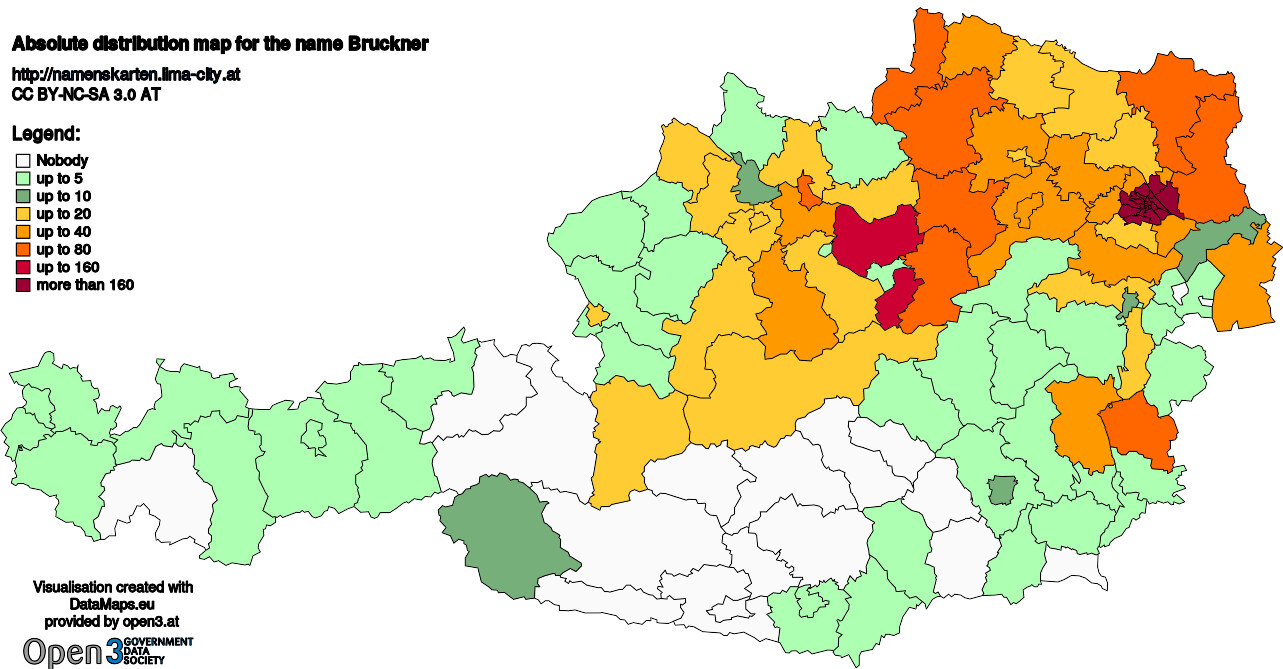 Absolute Distribution maps for surname Bruckner