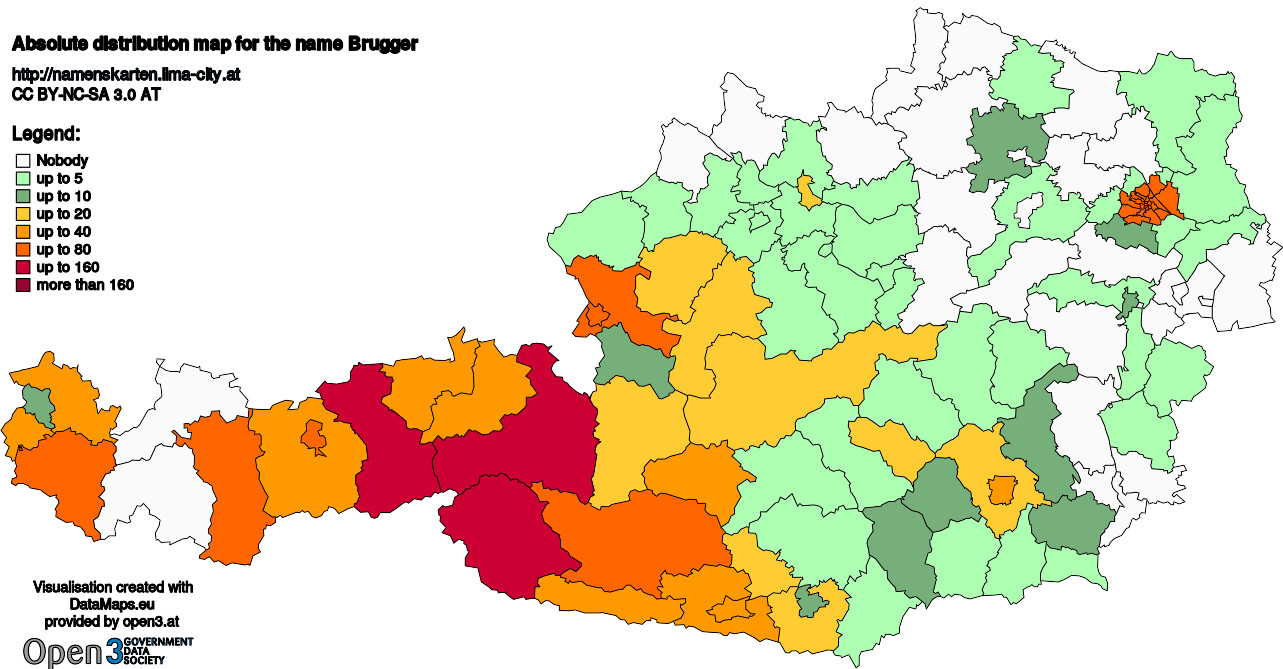 Absolute Distribution maps for surname Brugger