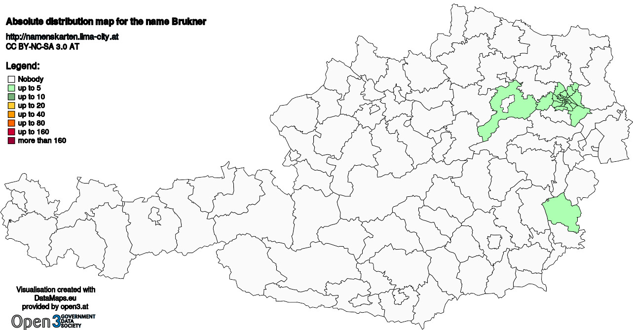 Absolute Distribution maps for surname Brukner