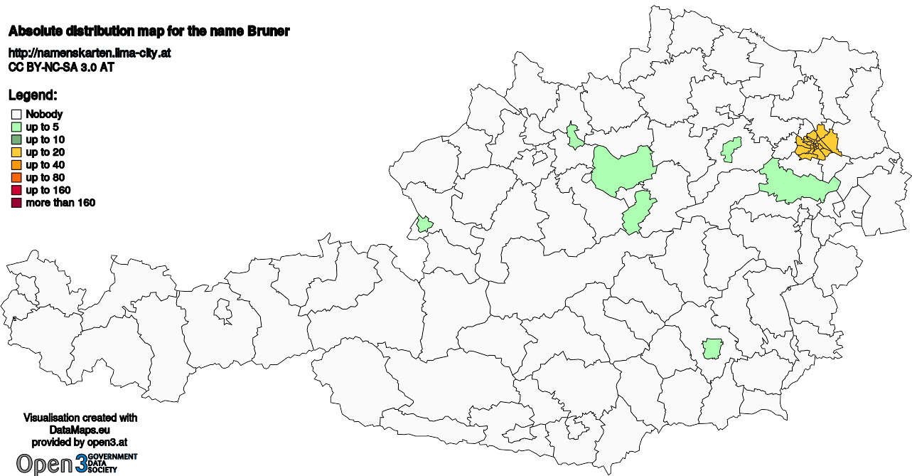 Absolute Distribution maps for surname Bruner