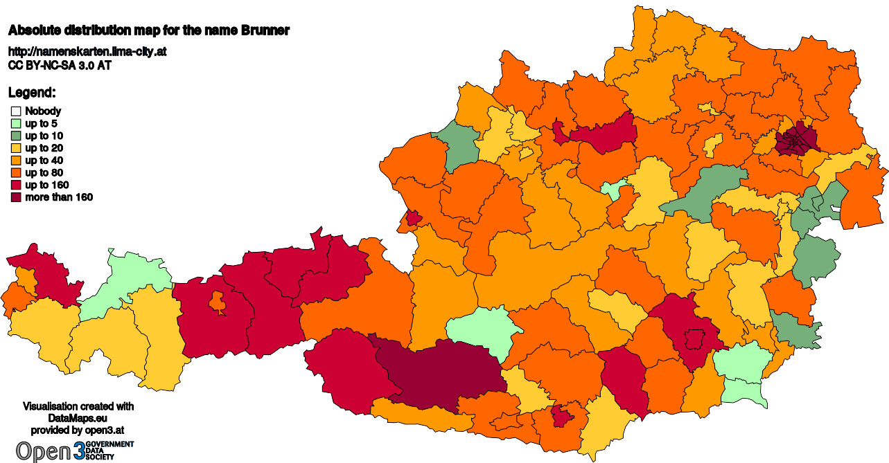 Absolute Distribution maps for surname Brunner