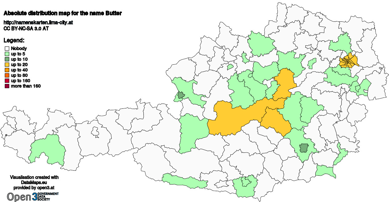 Absolute Distribution maps for surname Butter