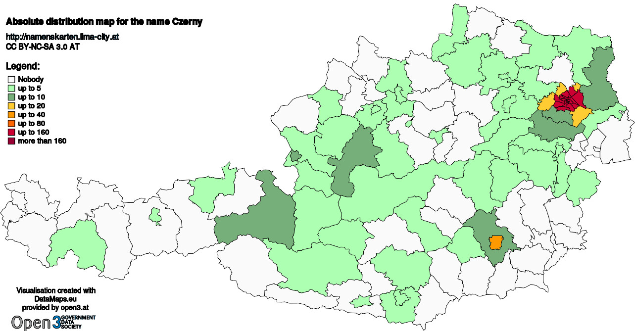 Absolute Distribution maps for surname Czerny